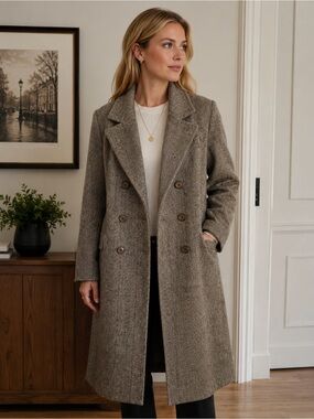 Larry Levine Double-Breasted Pea Coat in Taupe Herringbone